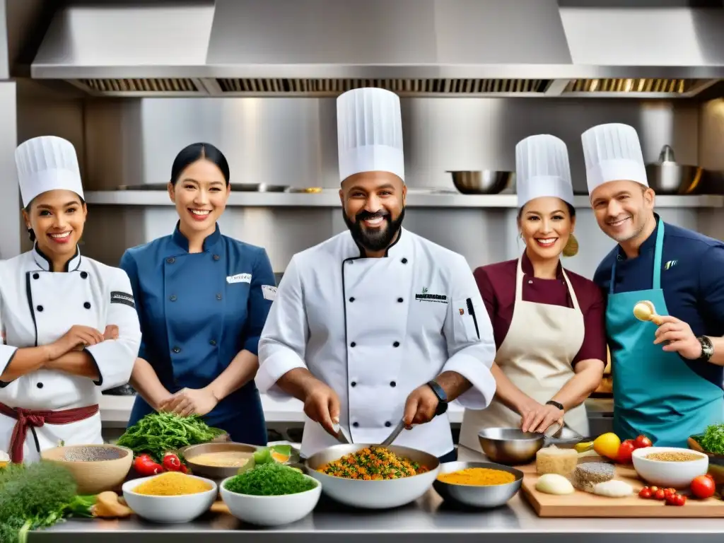 Un grupo diverso de chefs crea platos sin gluten en una cocina vibrante, mostrando colaboración y diversidad cultural