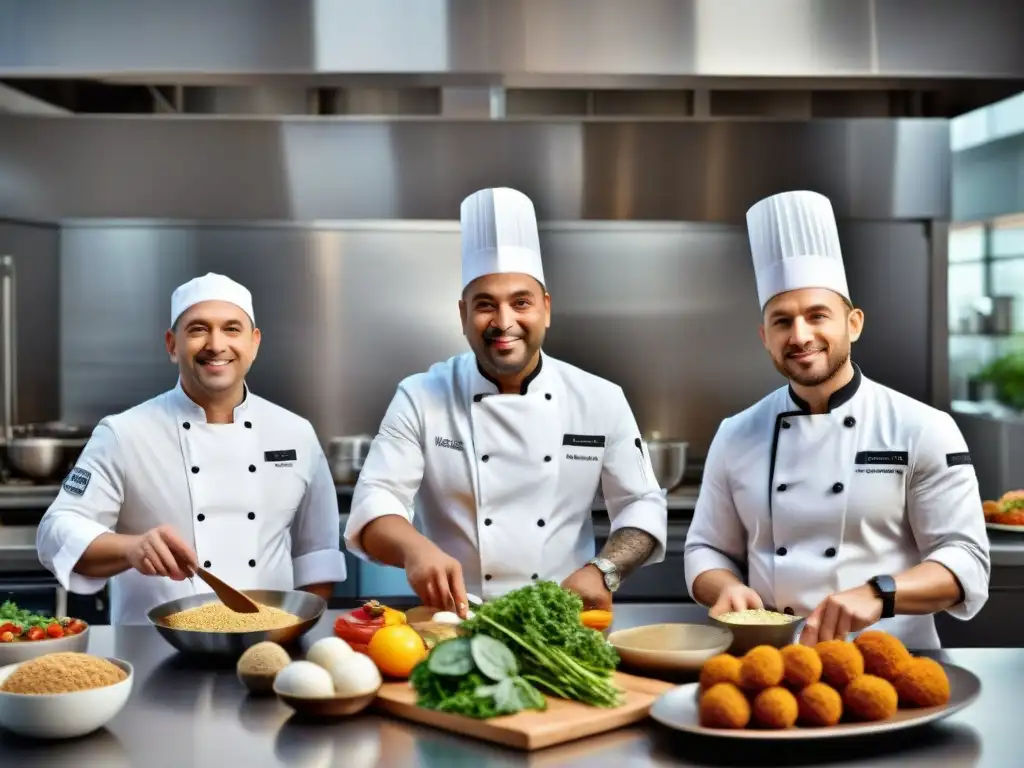 Un grupo diverso de chefs creando platos sin gluten en una cocina moderna y vibrante, reflejando la innovadora gastronomía