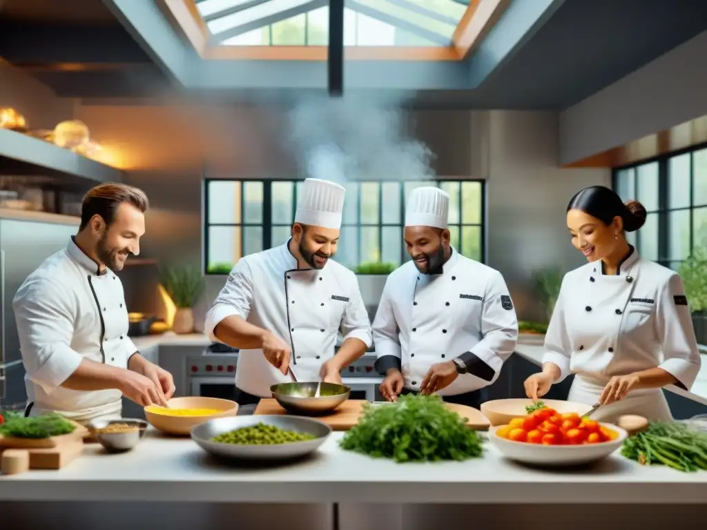 Un grupo diverso de chefs prepara platos sin gluten en una cocina moderna y luminosa, transmitiendo creatividad y pasión por la cocina