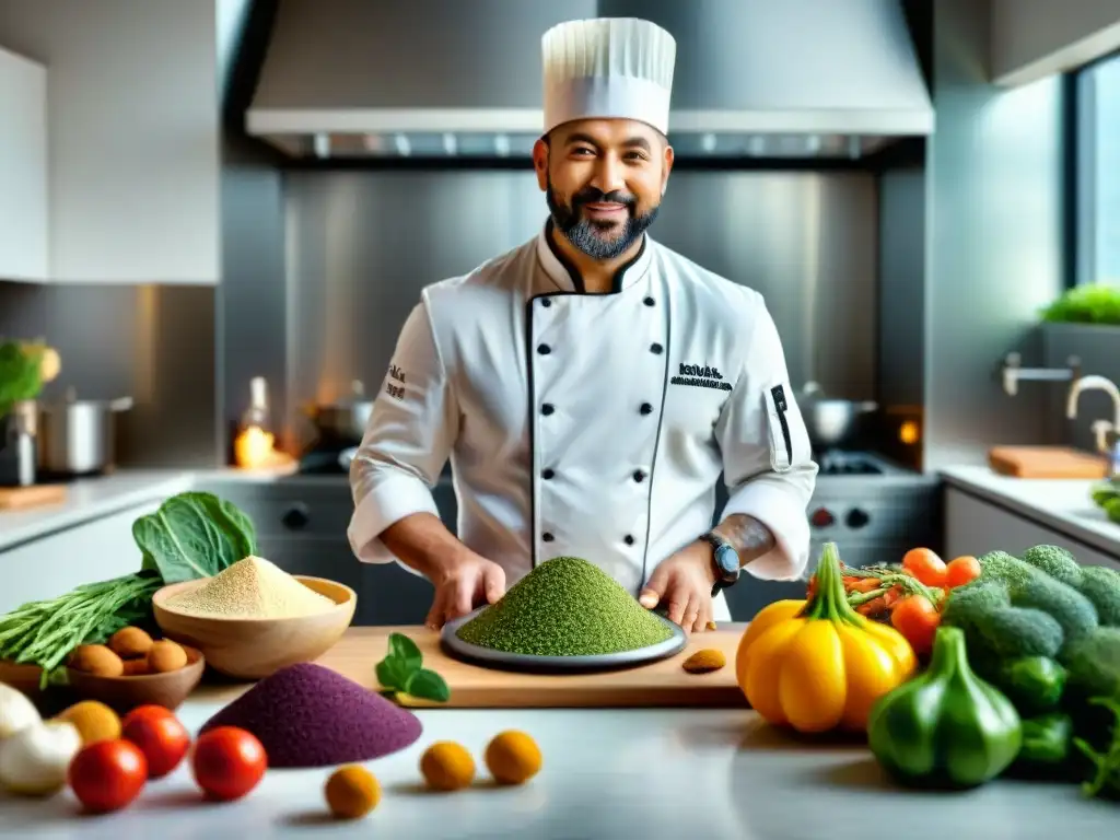 Un grupo diverso de chefs crea platos innovadores y sabrosos con marcas sin gluten en una cocina moderna