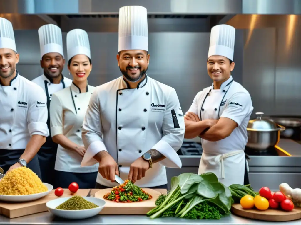 Un grupo diverso de chefs preparando productos gourmet sin gluten innovadores en una cocina moderna y bulliciosa