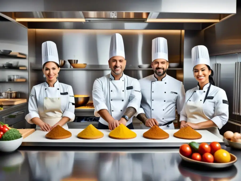 Chefs expertos creando platos sin gluten en cocina moderna Un grupo diverso de chefs profesionales preparando platos sin gluten en una cocina moderna y espaciosa