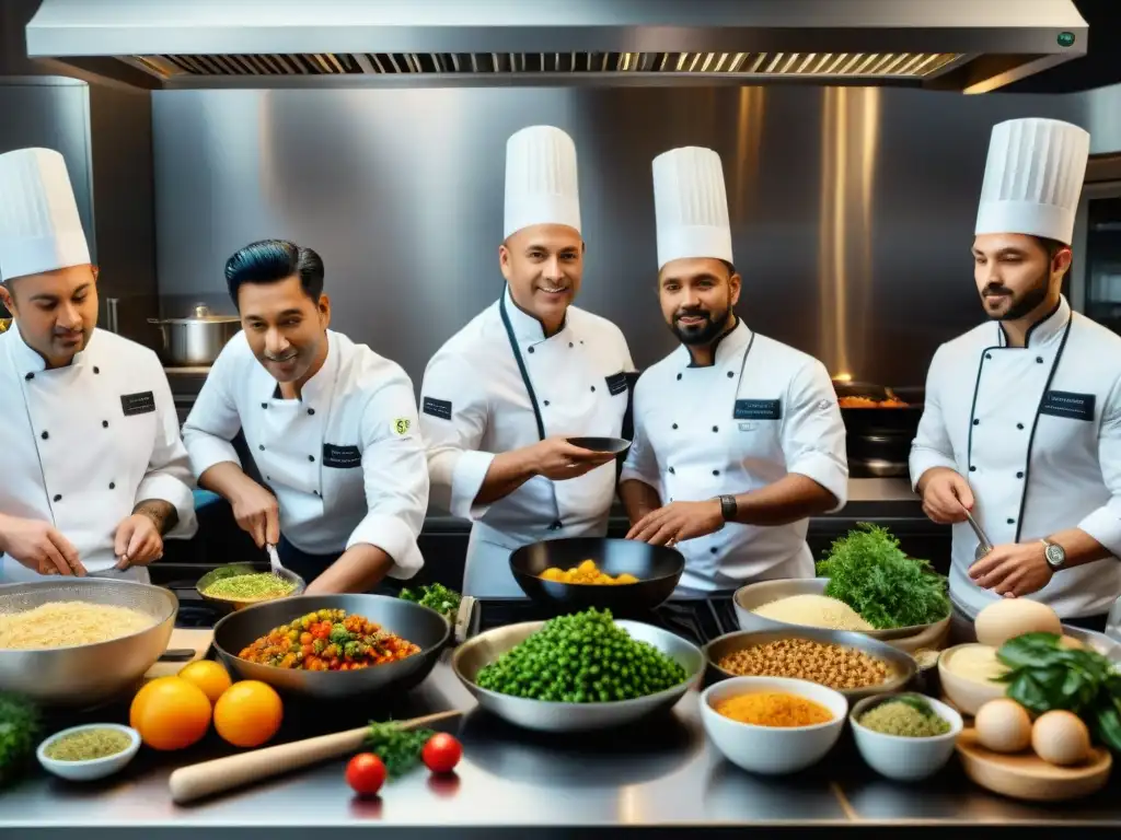 Un grupo diverso de chefs preparan recetas sin gluten innovadoras adaptadas en una cocina moderna y bulliciosa