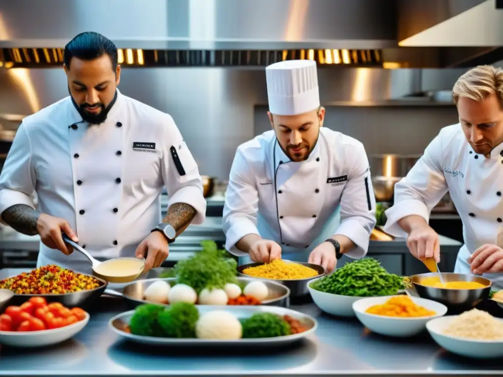 Un grupo diverso de chefs preparando recetas innovadoras en una cocina moderna y bulliciosa, mostrando la esencia de la cocina sin gluten