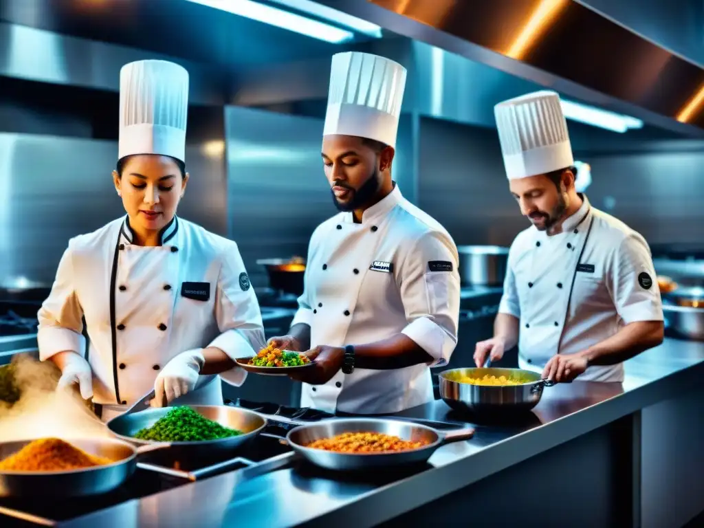 Un grupo diverso de chefs preparando recetas innovadoras en una cocina moderna y bulliciosa, revolucionando la cocina sin gluten