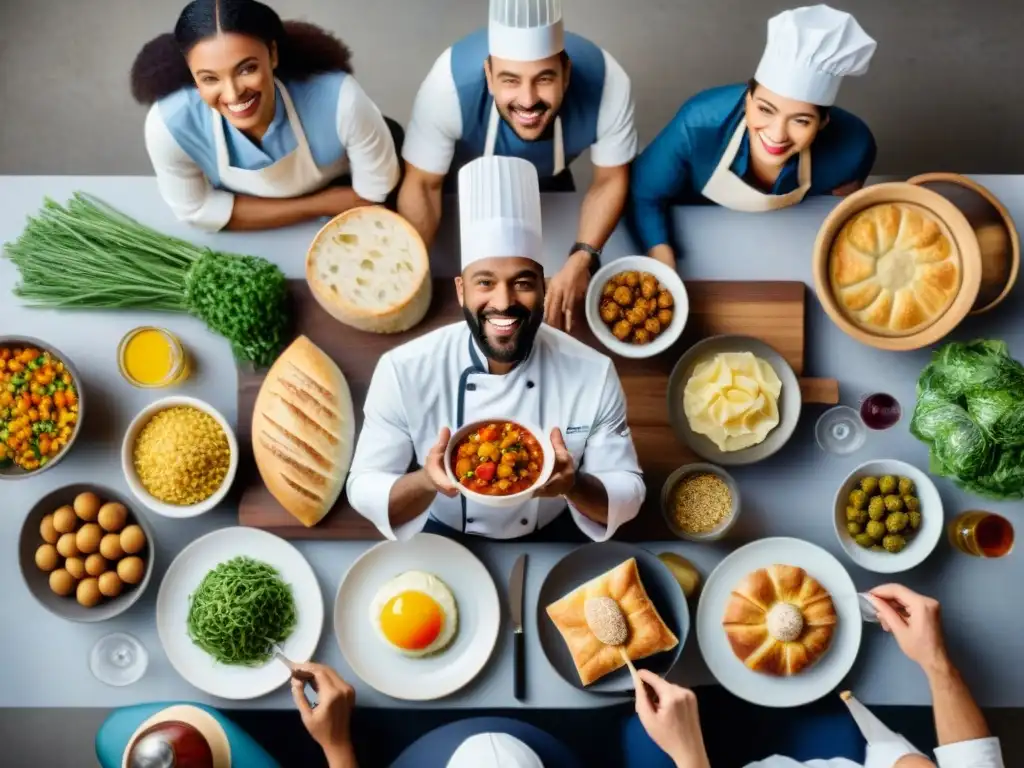 Un grupo diverso de chefs sonrientes probando platos sin gluten de tiendas online, creando una atmósfera de inclusividad culinaria