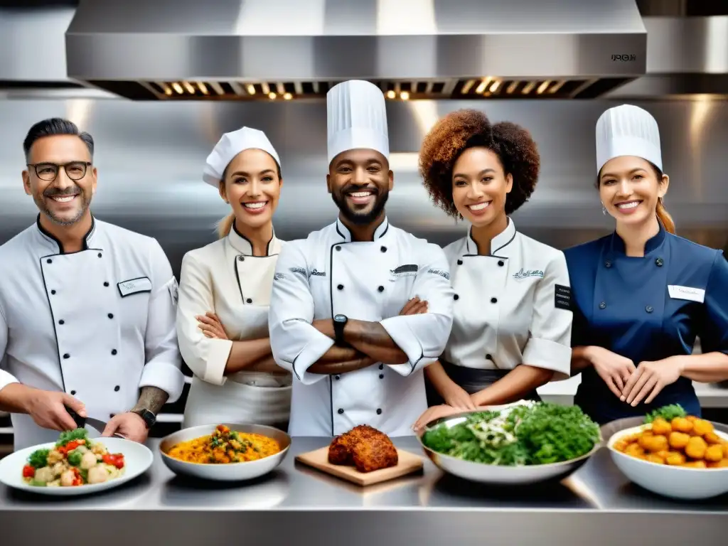 Un grupo diverso de chefs sonrientes en una cocina moderna, presentando platos sin gluten innovadores