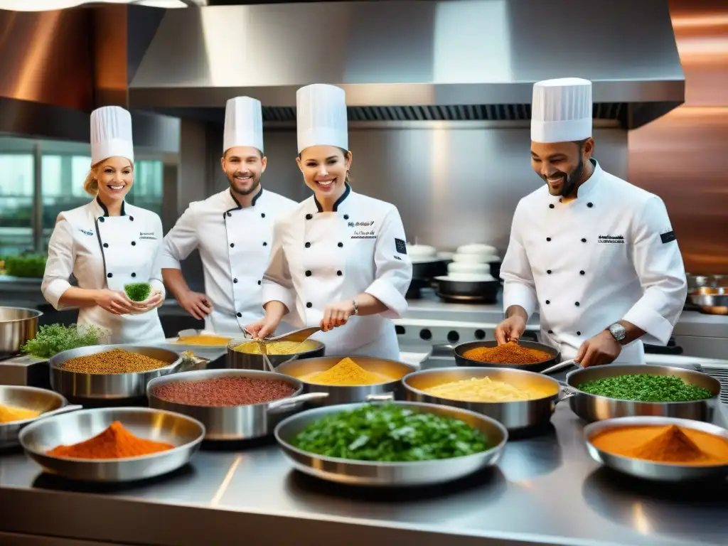 Chefs expertos creando platos sin gluten en cocina de lujo Un grupo diverso de chefs sonrientes preparan platos sin gluten en una cocina de alta gama