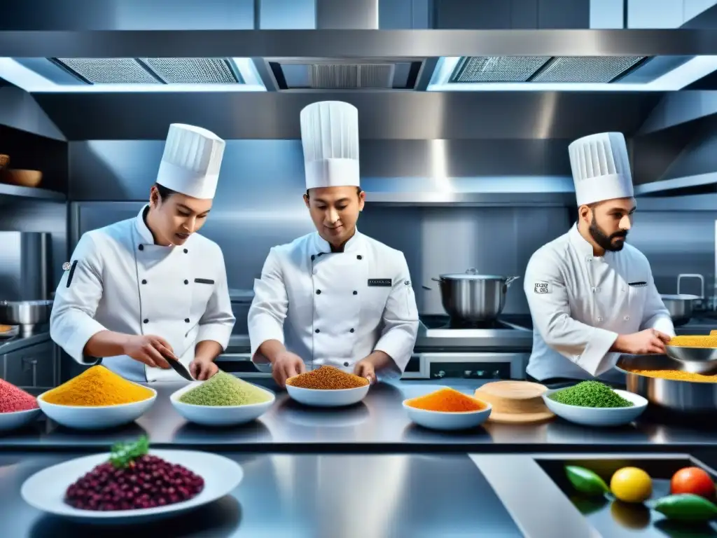 Un grupo diverso de chefs experimenta con técnicas innovadoras en una cocina de vanguardia, resaltando los Beneficios de comer sin gluten