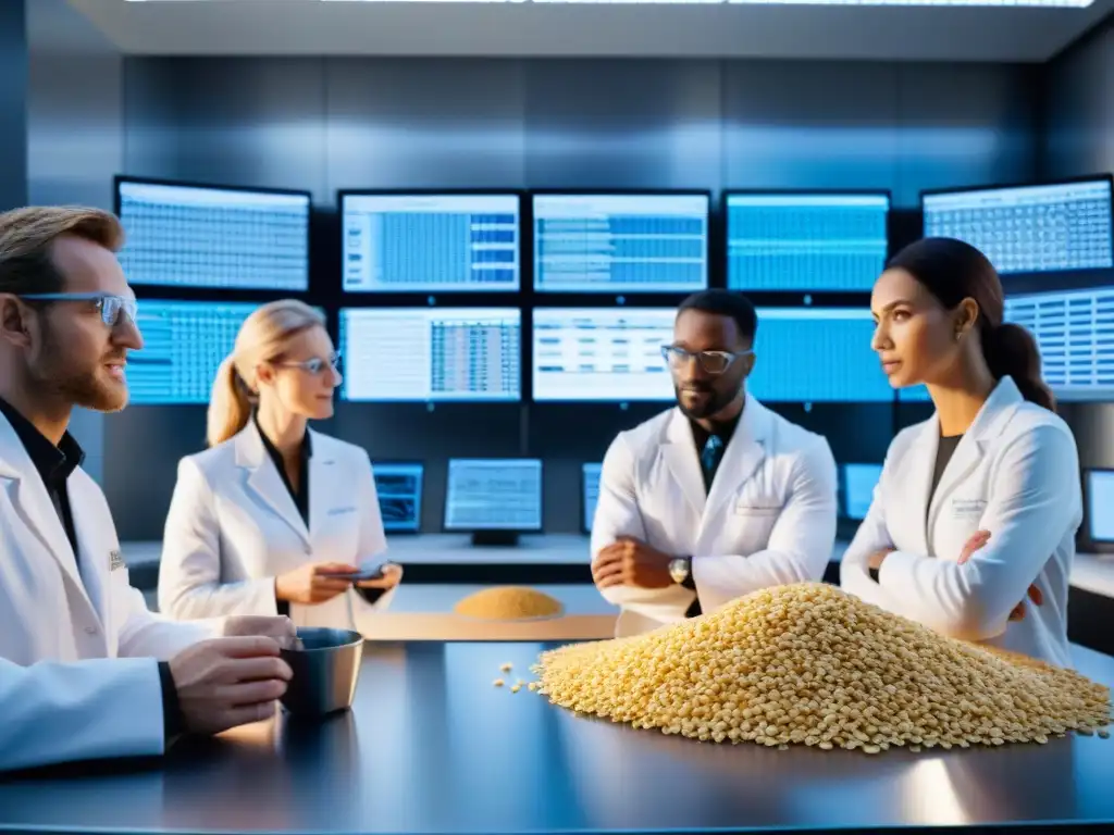 Un grupo diverso de científicos en un laboratorio futurista, analizando códigos genéticos de cereales sin gluten innovadores