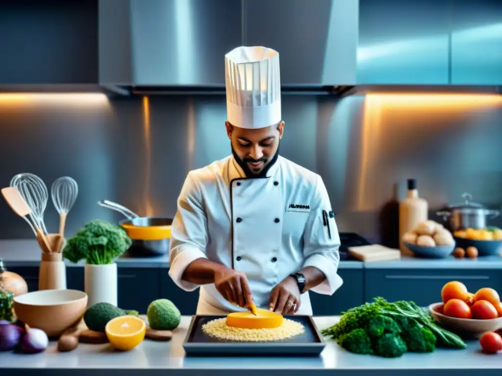 Un grupo diverso cocina con alegría en una cocina moderna y vibrante, llena de ingredientes sin gluten y utensilios de alta tecnología