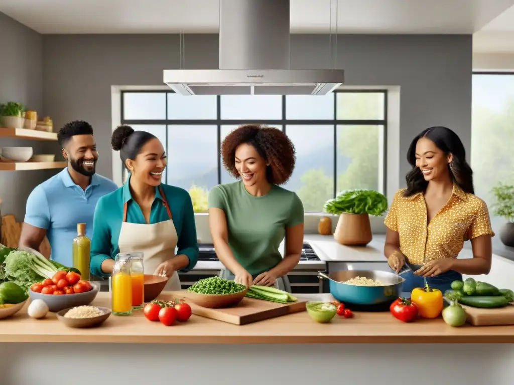 Un grupo diverso cocina con alegría en una moderna cocina