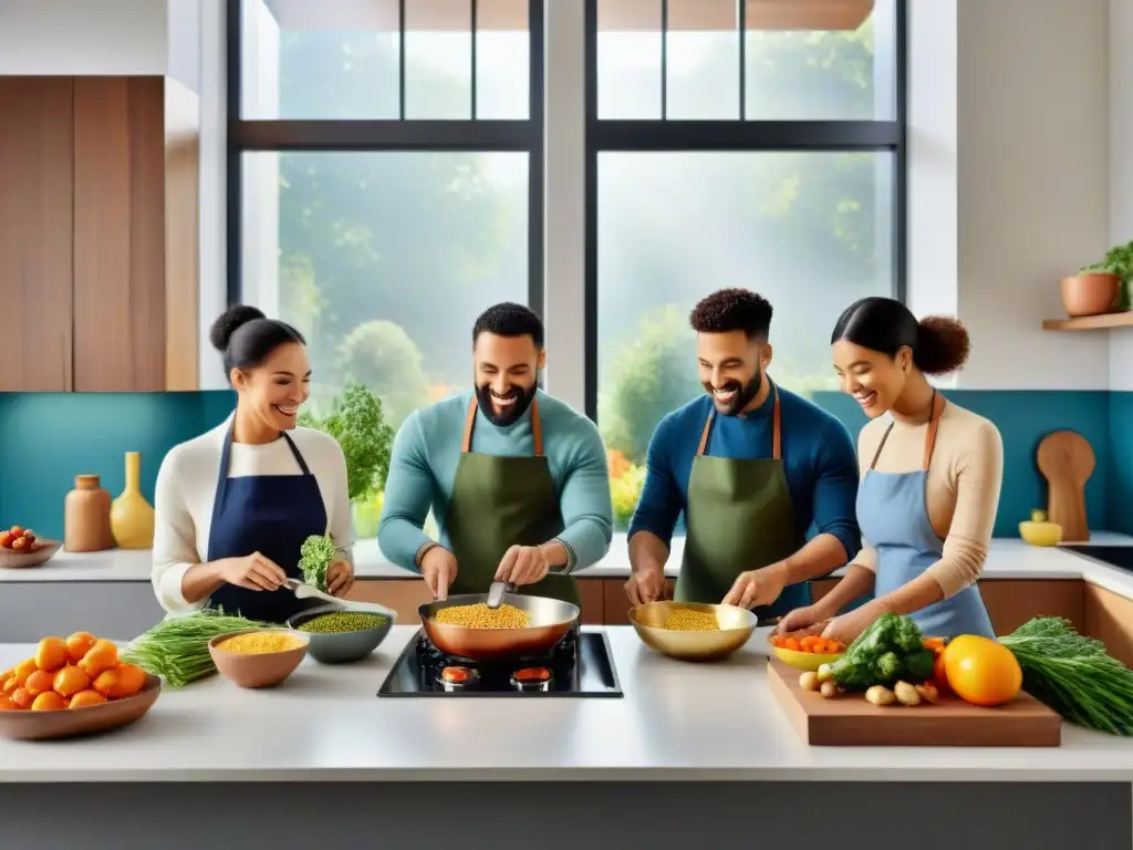 Un grupo diverso cocina con alegría en una moderna cocina, preparando platos innovadores con proteínas alternativas sin gluten