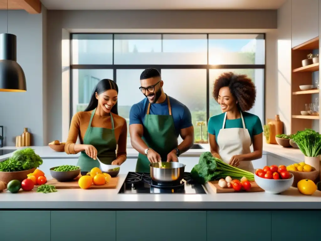 Un grupo diverso cocina con alegría en una moderna cocina llena de ingredientes frescos y coloridos