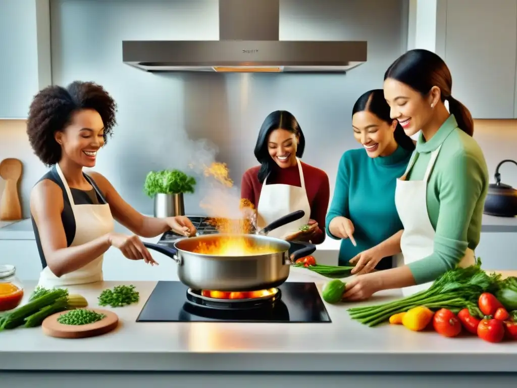 Un grupo diverso cocina con alegría en una cocina moderna y bien equipada, llena de ingredientes gourmet sin gluten