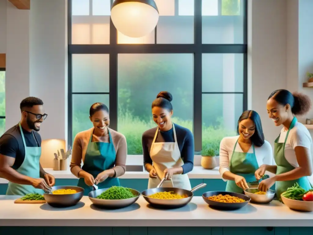 Un grupo diverso cocina sin gluten con alegría y camaradería en una cocina moderna y bien equipada