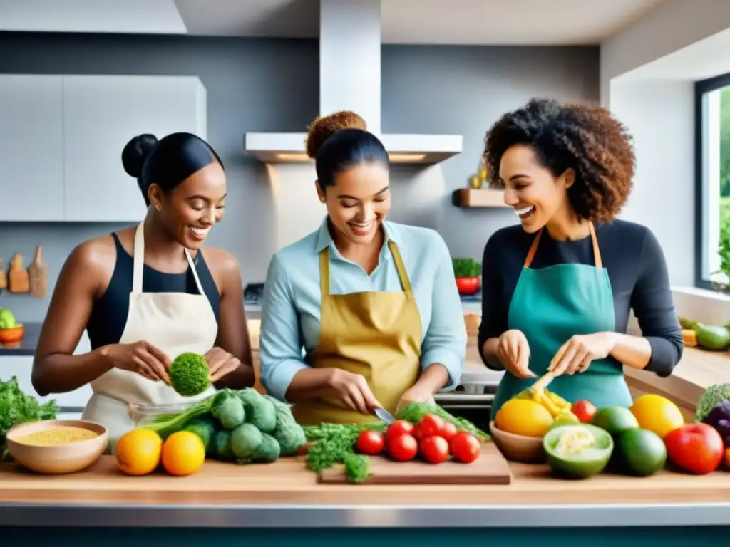 Un grupo diverso cocina sin gluten con alegría en una cocina moderna y bien iluminada llena de ingredientes frescos y coloridos