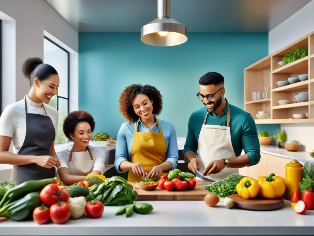 Un grupo diverso cocina con alegría en una cocina moderna y espaciosa, llena de ingredientes coloridos sin gluten