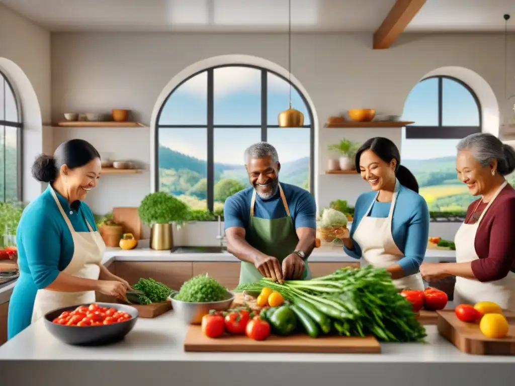 Un grupo diverso cocina con alegría en una cocina luminosa