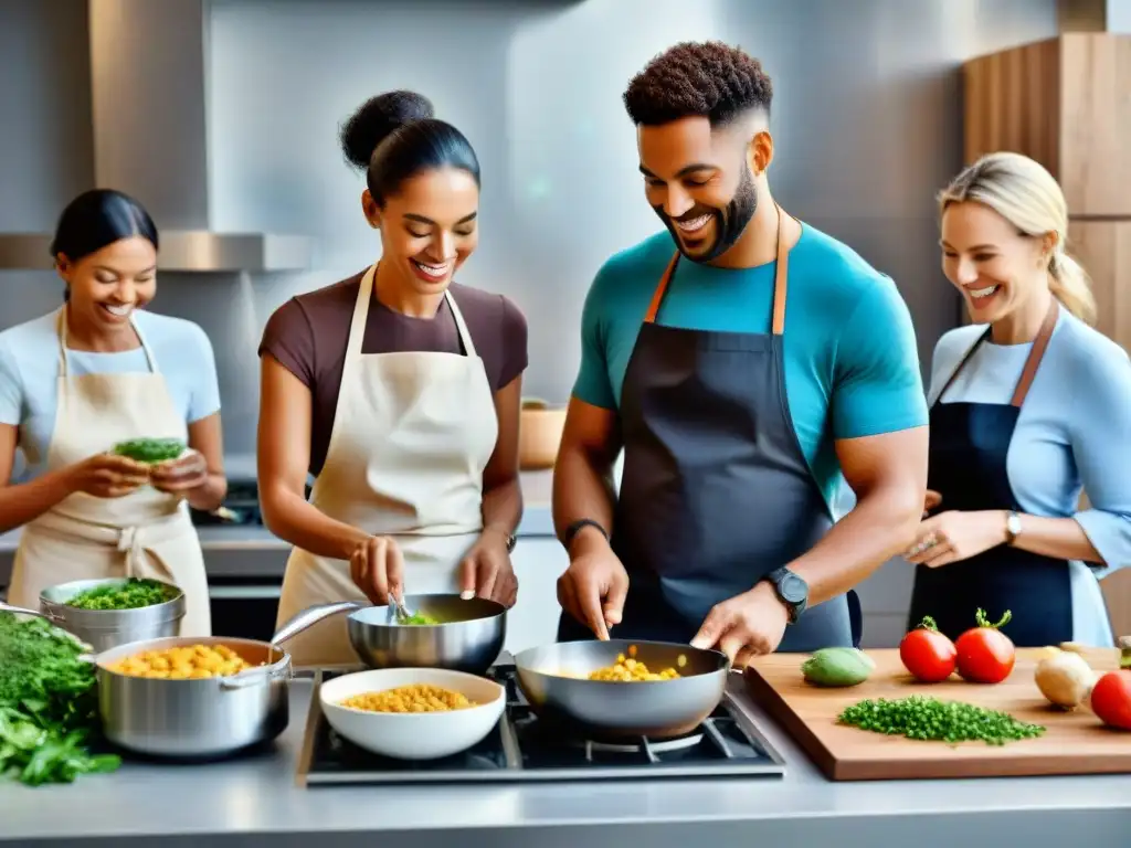 Grupo diverso cocina sin gluten con alegría en cocina moderna