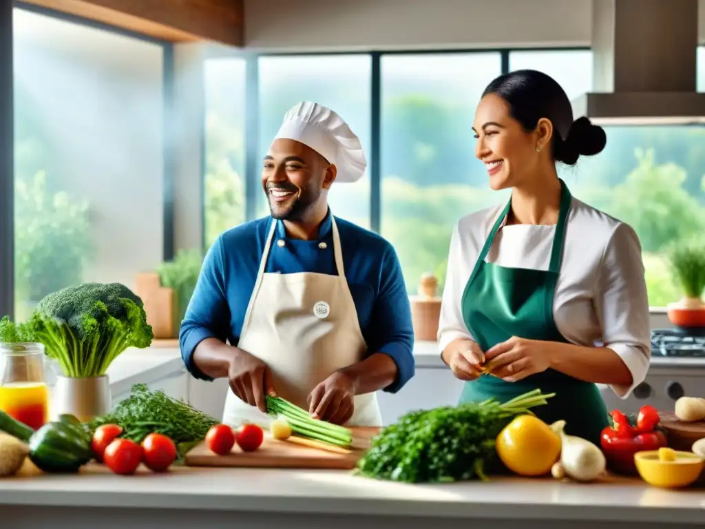 Un grupo diverso cocina sin gluten en un ambiente alegre