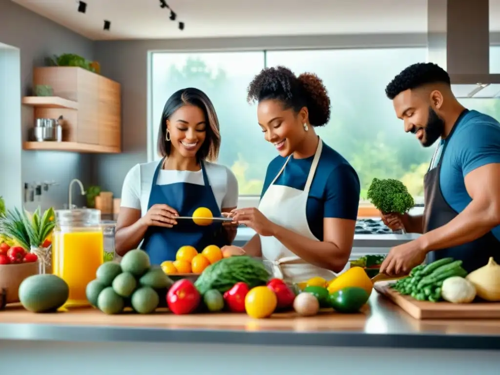 Un grupo diverso cocina alegremente en una cocina moderna y equipada, llena de ingredientes sin gluten