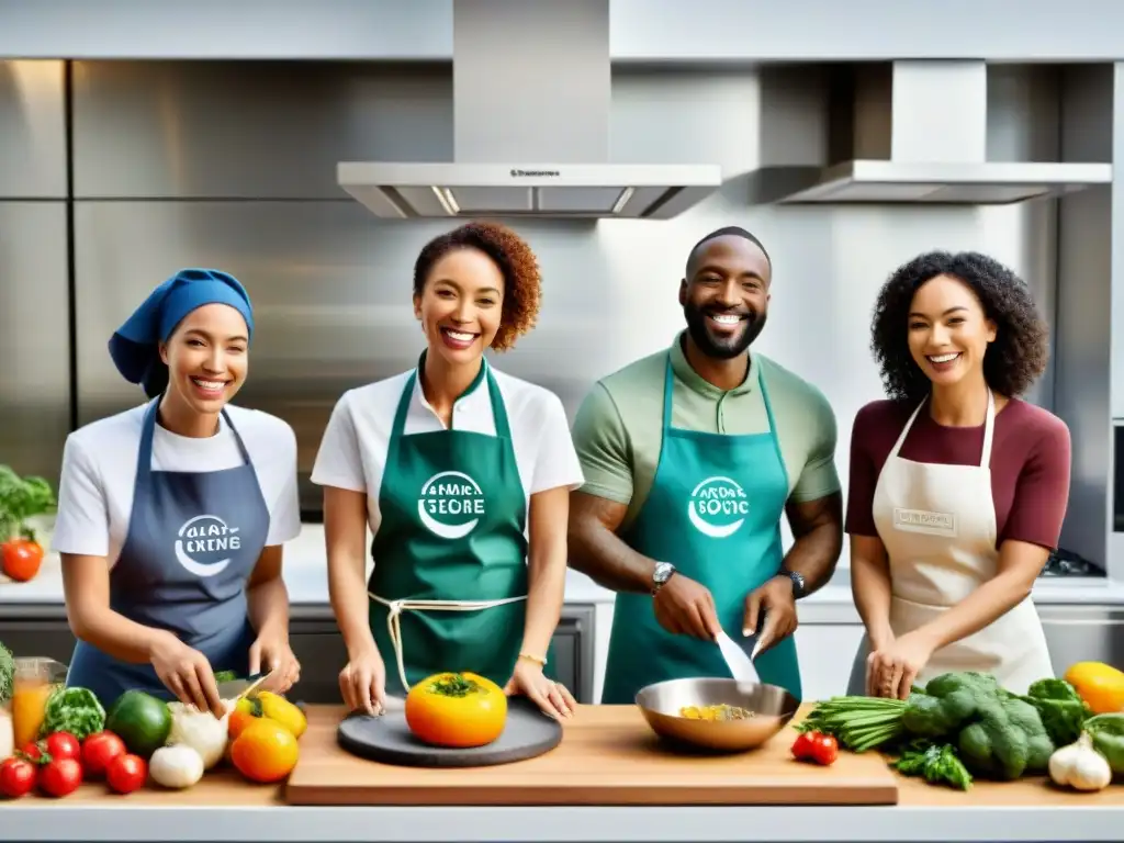 Un grupo diverso cocina alegremente en una cocina moderna y luminosa, llena de ingredientes sin gluten y gadgets culinarios de alta tecnología