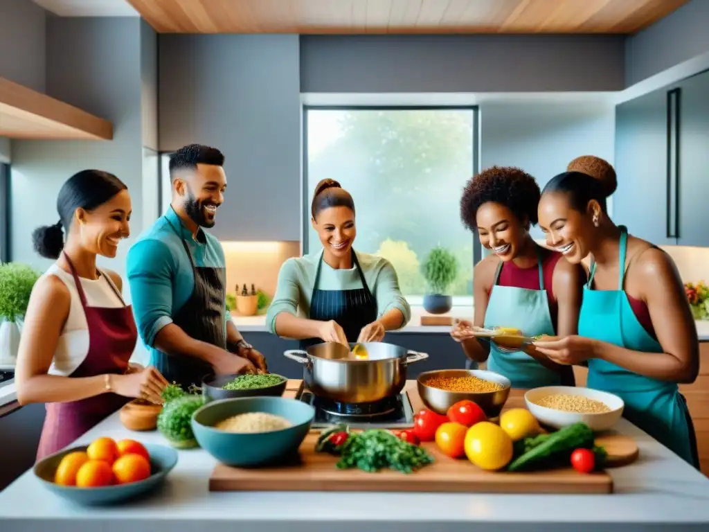 Un grupo diverso cocina sin gluten en una cocina moderna y luminosa