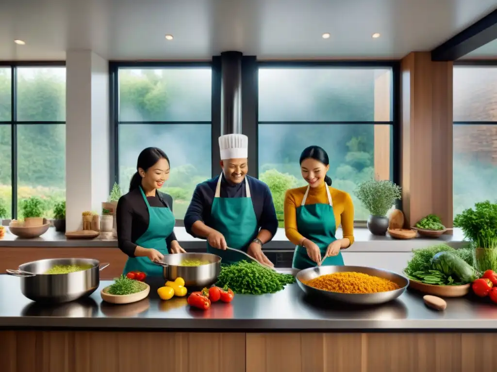 Un grupo diverso cocina en armonía en una cocina moderna llena de ingredientes asiáticos coloridos, mostrando recetas sin gluten adaptadas