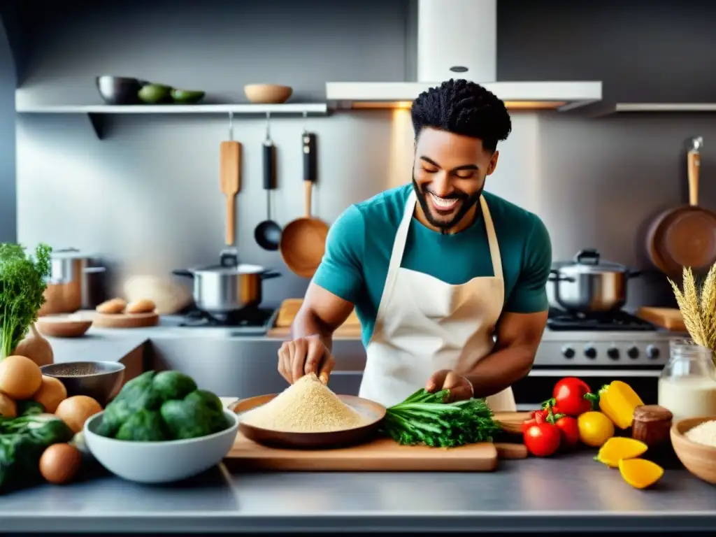 Un grupo diverso sonríe y cocina en una cocina moderna, llena de ingredientes sin gluten