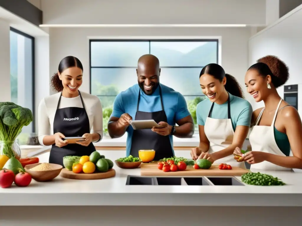 Un grupo diverso sonríe al cocinar en una cocina espaciosa con ingredientes sin gluten y gadgets de cocina