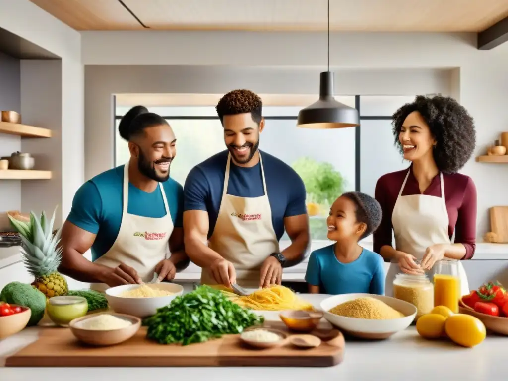 Grupo diverso cocinando sin gluten en cocina espaciosa y moderna, transmitiendo alegría y comunidad en cursos online cocina sin gluten