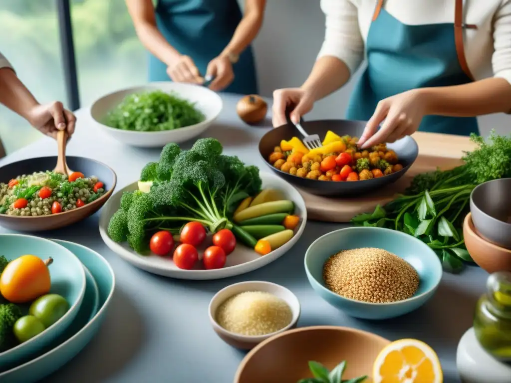 Un grupo diverso cocina feliz suplementos para celíacos sin gluten en una cocina acogedora y luminosa