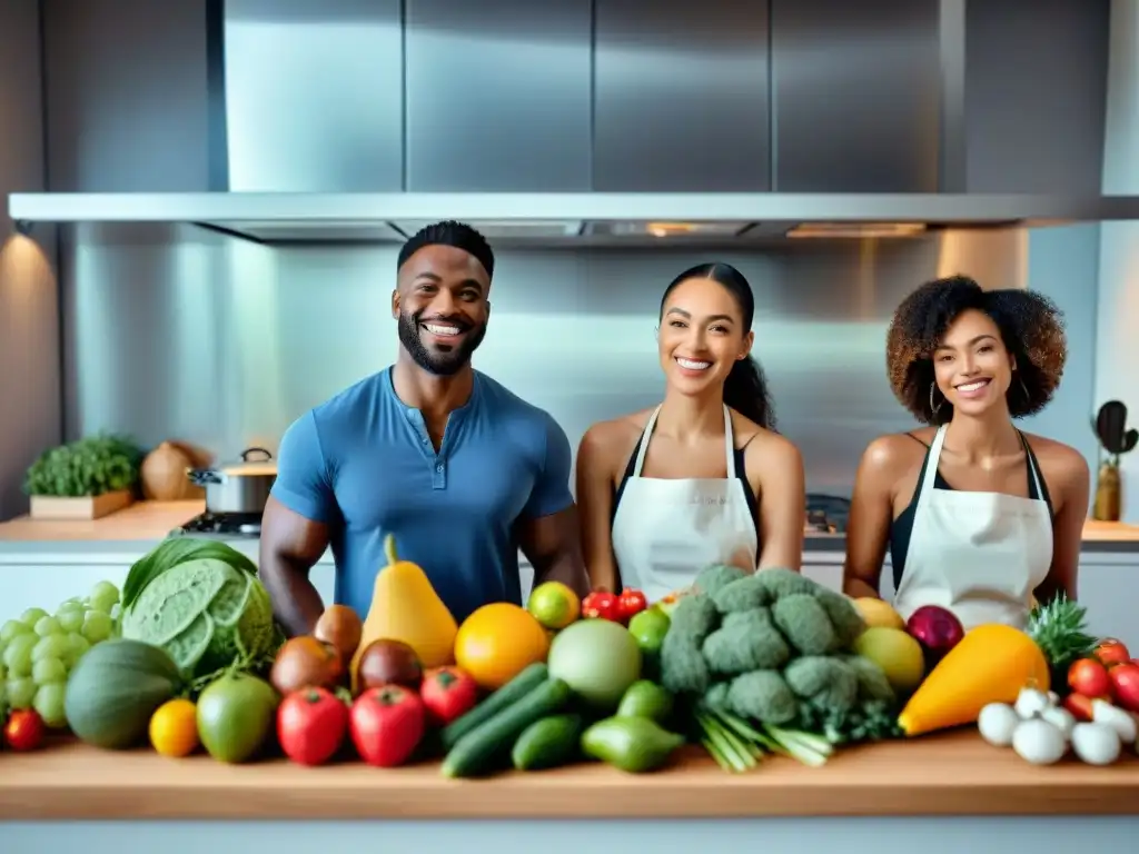 Un grupo diverso sonríe y cocina juntos en una cocina moderna y luminosa, llena de ingredientes sin gluten