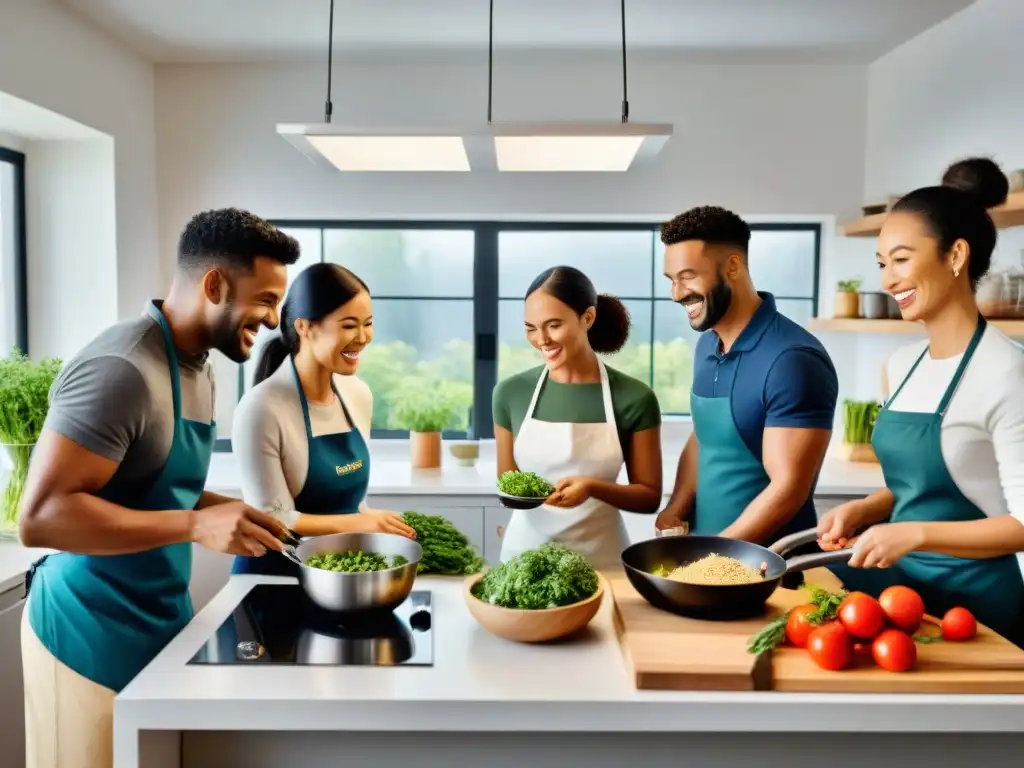 Un grupo diverso sonríe y cocina juntos en una cocina moderna y equipada, usando ingredientes sin gluten