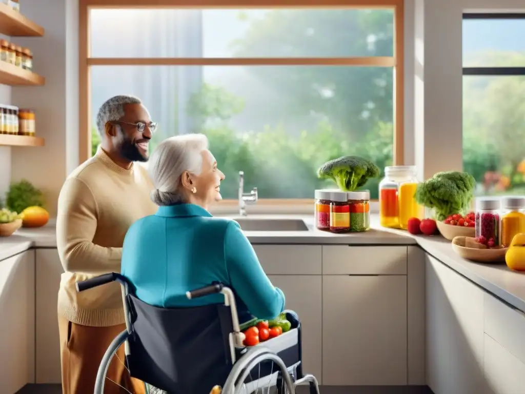 Un grupo diverso sonríe en una cocina luminosa, con suplementos vitamínicos sin gluten y frutas frescas