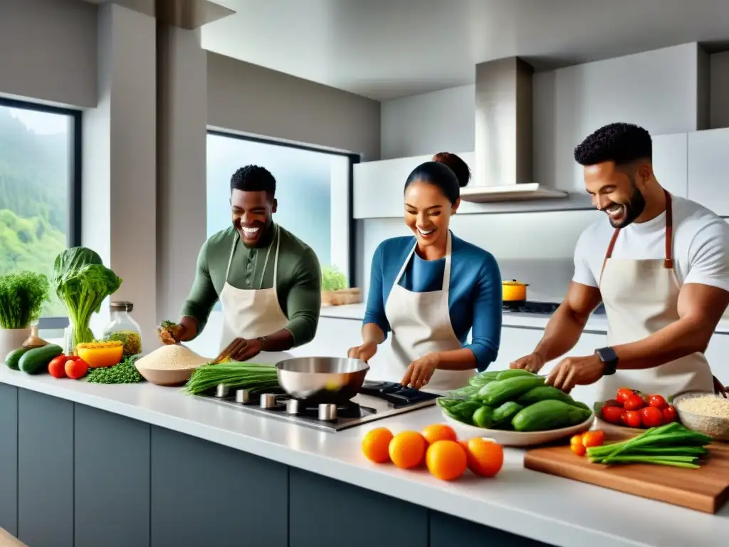 Grupo diverso disfruta cocinando en cocina moderna, llena de coloridos ingredientes sin gluten