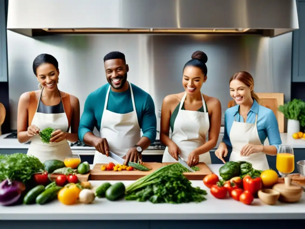 Grupo diverso cocina junta en cocina moderna con ingredientes frescos, gadgets innovadores y planificación de dieta sin gluten