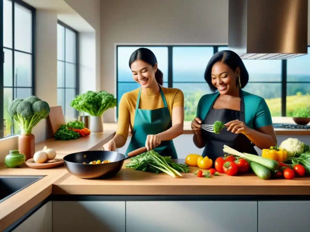 Un grupo diverso cocina alegremente en una moderna cocina, rodeados de ingredientes frescos y coloridos, con luz solar iluminando la escena