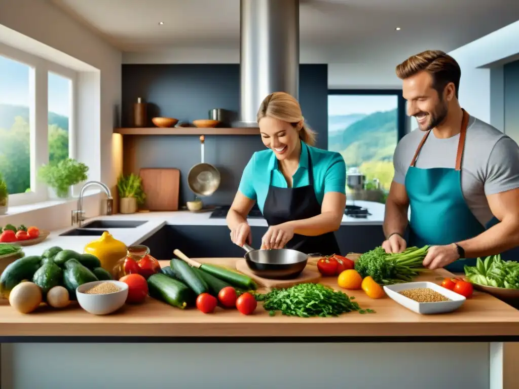 Un grupo diverso cocina platos sin gluten con alegría en una cocina cálida y educativa