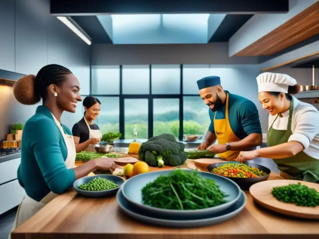 Cocina inclusiva: grupo diverso prepara platos sin gluten Un grupo diverso cocina y comparte platos innovadores sin gluten en una cocina sostenible