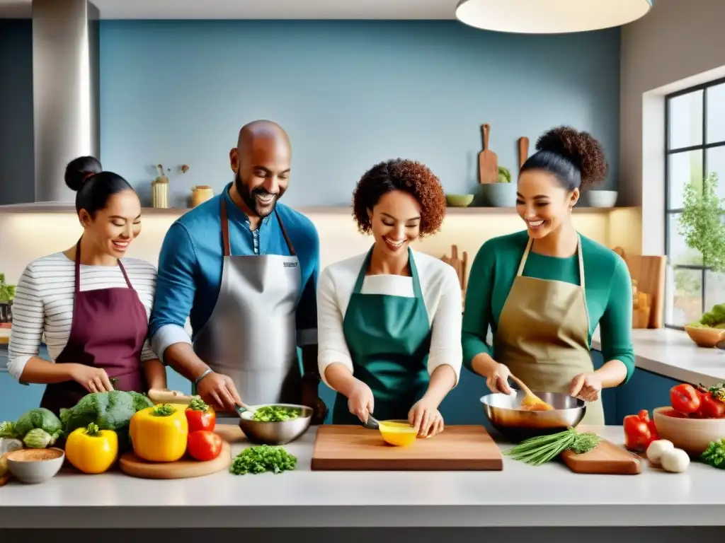 Un grupo diverso cocina platos sin gluten recetas innovadoras en una cocina moderna y espaciosa