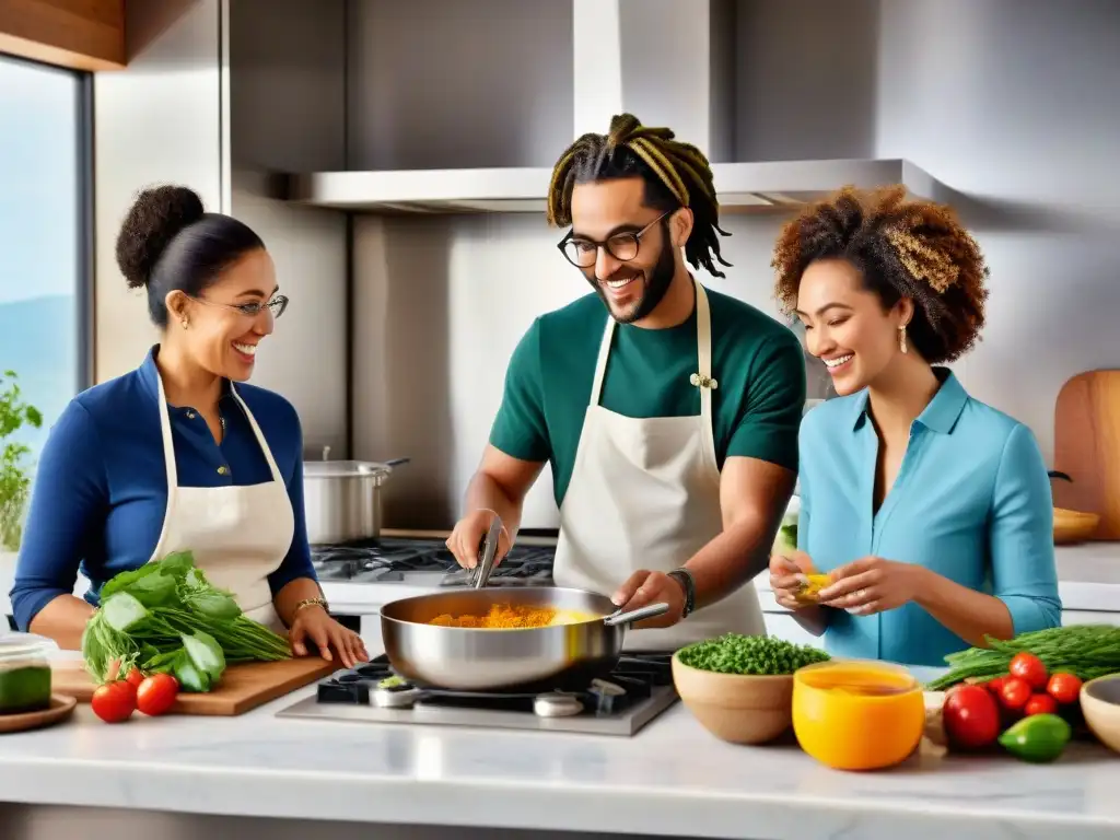 Un grupo diverso cocina recetas sin gluten innovadoras con alegría y conexión en una cocina moderna y luminosa