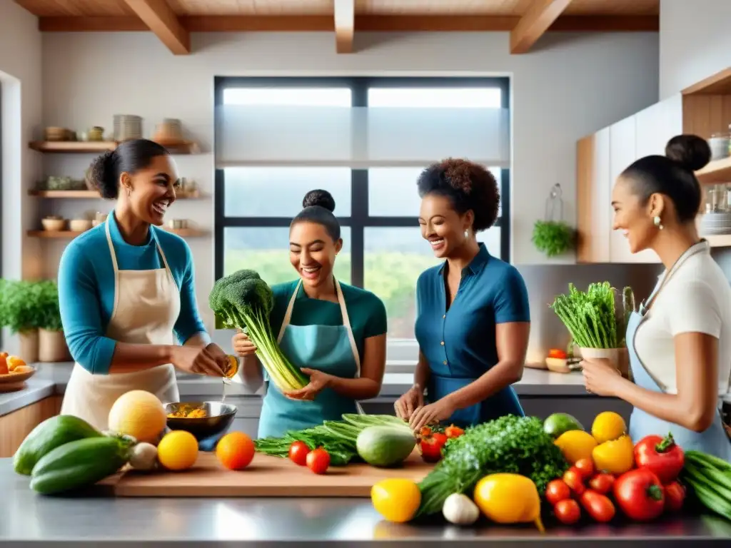 Un grupo diverso cocina sin gluten recetas innovadoras, compartiendo sonrisas y conocimientos en una cocina moderna y colorida