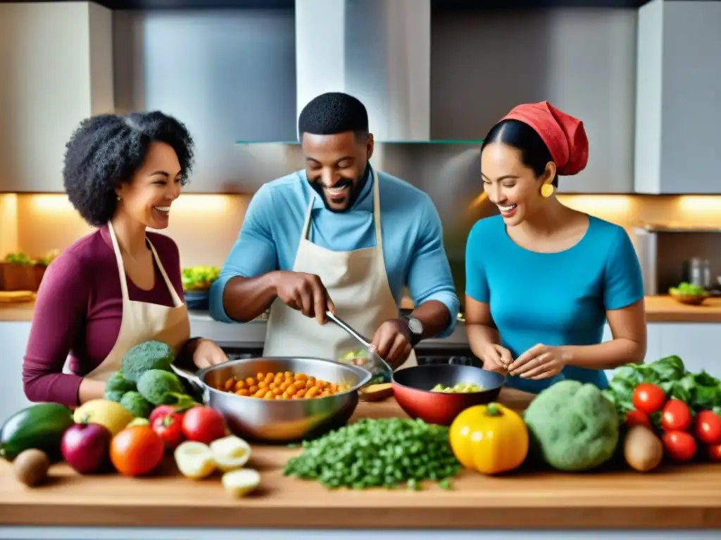 Un grupo diverso cocina sin gluten recetas innovadoras en una cocina moderna y espaciosa llena de ingredientes coloridos