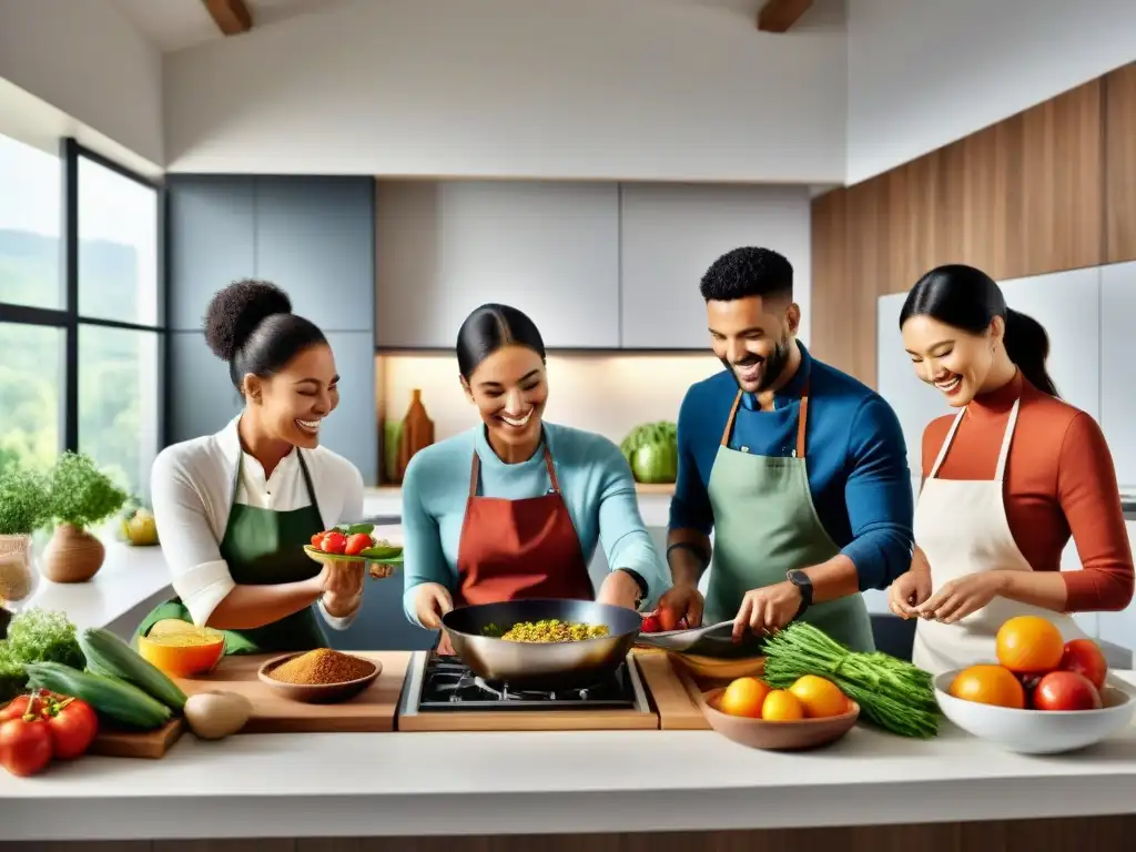 Un grupo diverso cocina recetas internacionales sin gluten adaptadas en una cocina moderna, creando una atmósfera cálida y acogedora