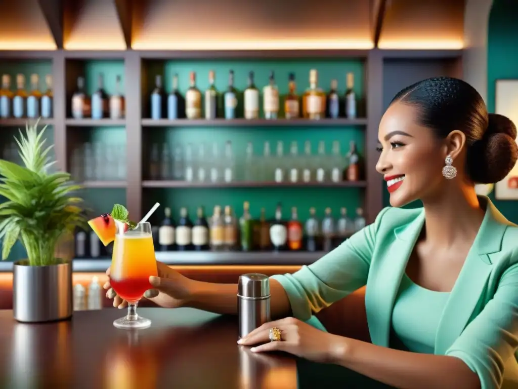 Cócteles sin gluten: Diversión y sofisticación en bar trendy Un grupo diverso disfruta cócteles sin gluten innovadores en un elegante bar, entre luces cálidas y plantas exuberantes