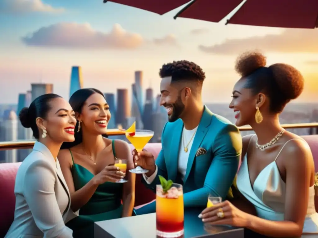 Cócteles sin gluten en bar de moda al atardecer Un grupo diverso disfruta cócteles sin gluten innovadores en un elegante bar de azotea con vistas urbanas al atardecer