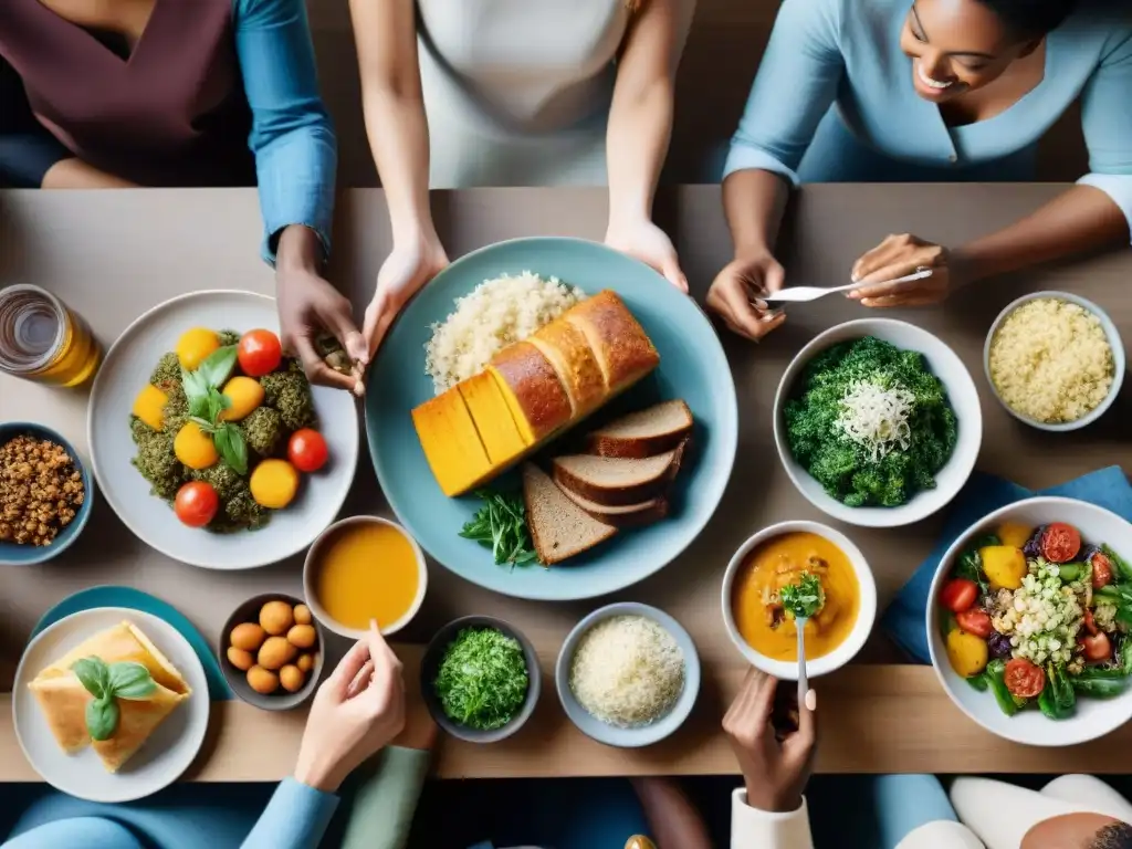 Un grupo diverso disfruta de una colorida comida sin gluten juntos, transmitiendo alegría