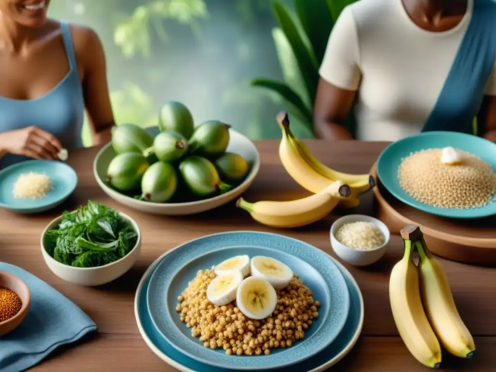Banquete prebiótico: disfrute en comunidad Un grupo diverso disfruta una comida con alimentos prebióticos para sensibilidad al gluten, en un ambiente acogedor y natural